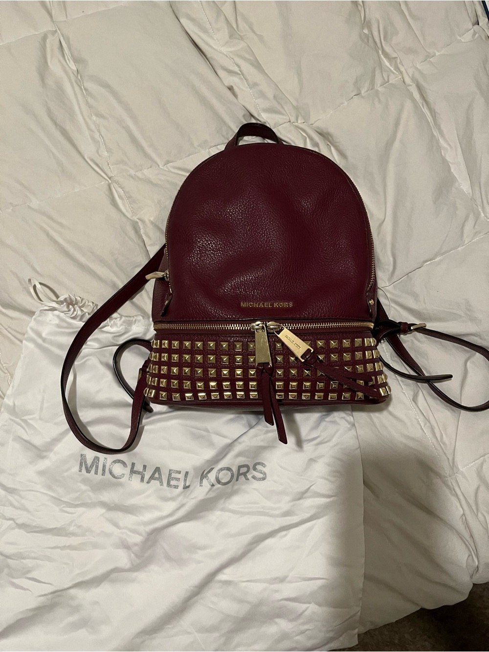 Michael Kors Wine Leather Studded Rhea Backpack with Gold Hardware